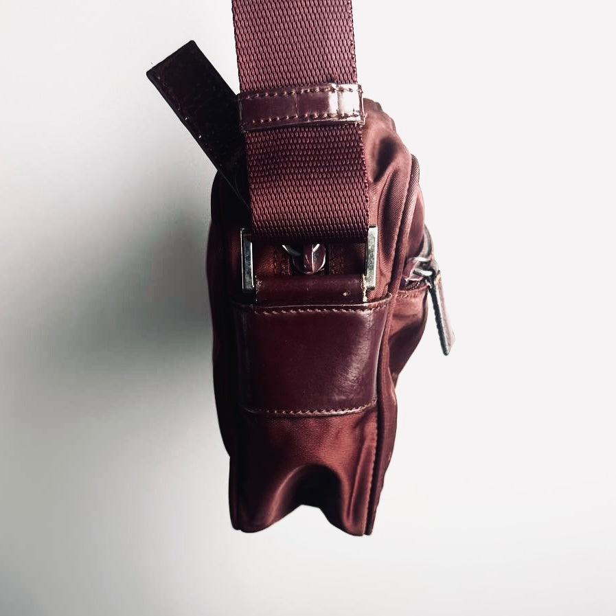 Prada Maroon Burgundy Red Tessuto Monogram Logo Nylon & Leather Camera Shoulder Sling Bag