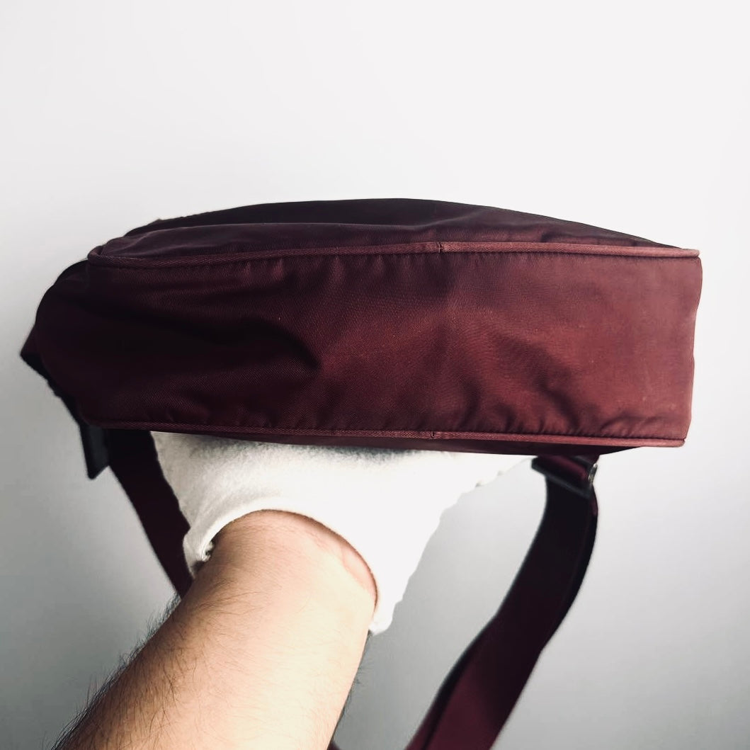 Prada Maroon Burgundy Red Tessuto Monogram Logo Nylon & Leather Camera Shoulder Sling Bag