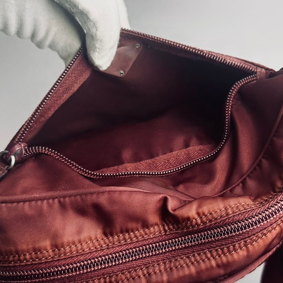 Prada Maroon Burgundy Red Tessuto Monogram Logo Nylon & Leather Camera Shoulder Sling Bag