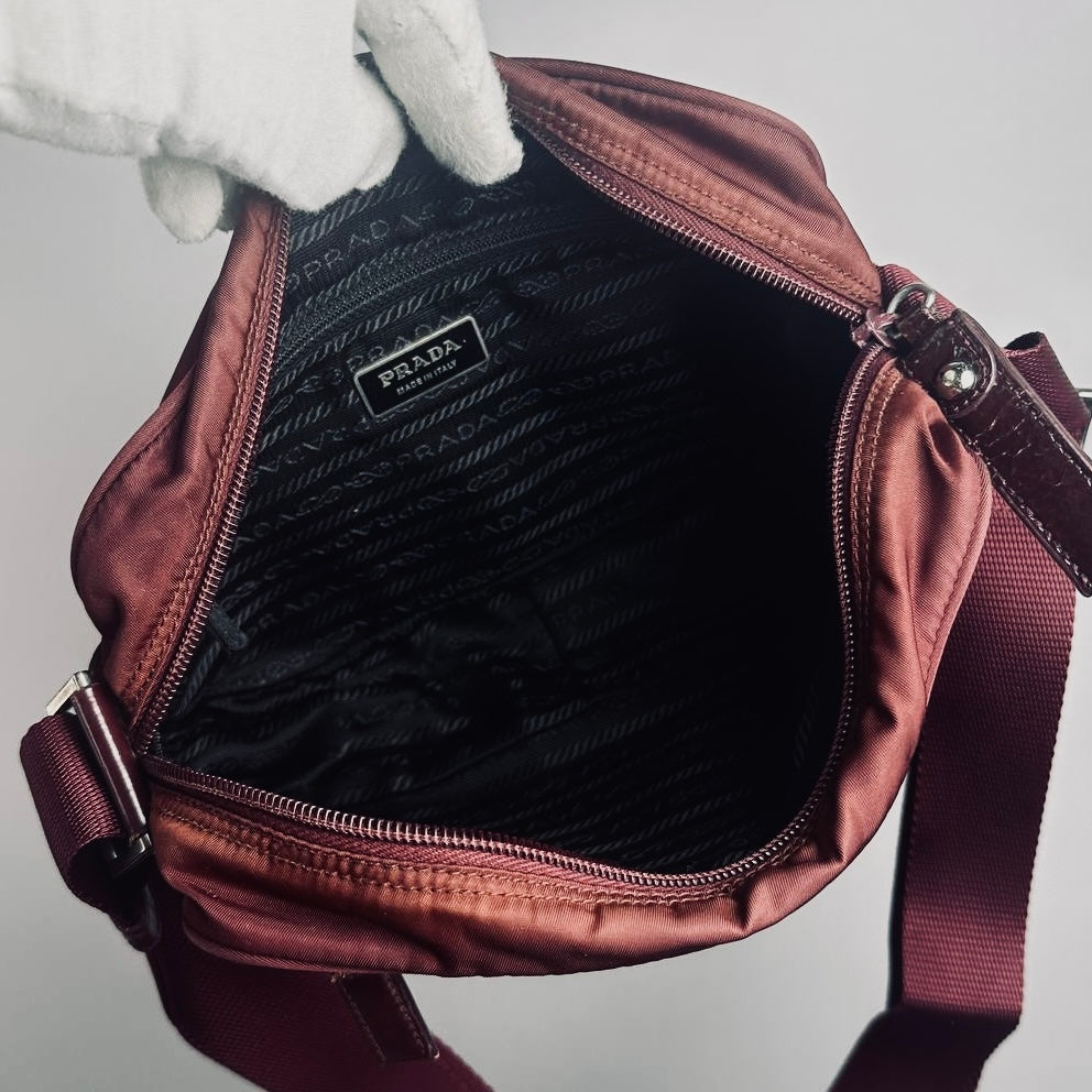 Prada Maroon Burgundy Red Tessuto Monogram Logo Nylon & Leather Camera Shoulder Sling Bag