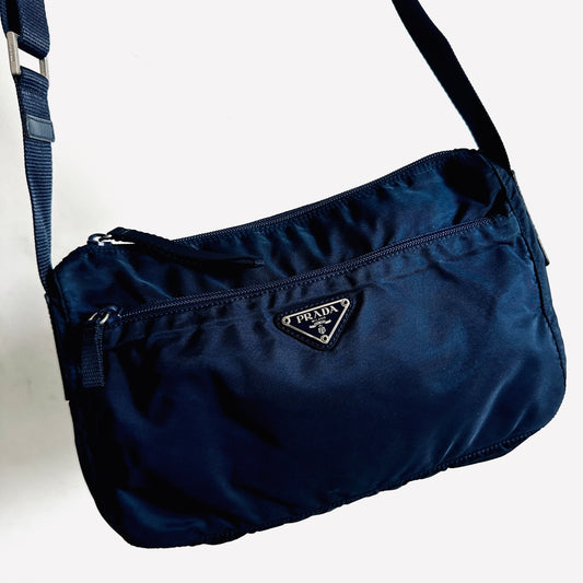Prada Navy Blue Tessuto Logo Classic Nylon & Leather Shoulder Sling Bag