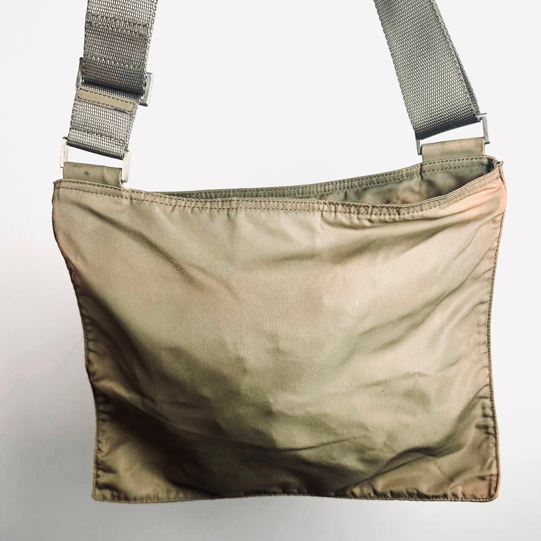 Prada Khaki Beige Monogram Logo Tessuto Nylon & Leather Shoulder Sling Bag
