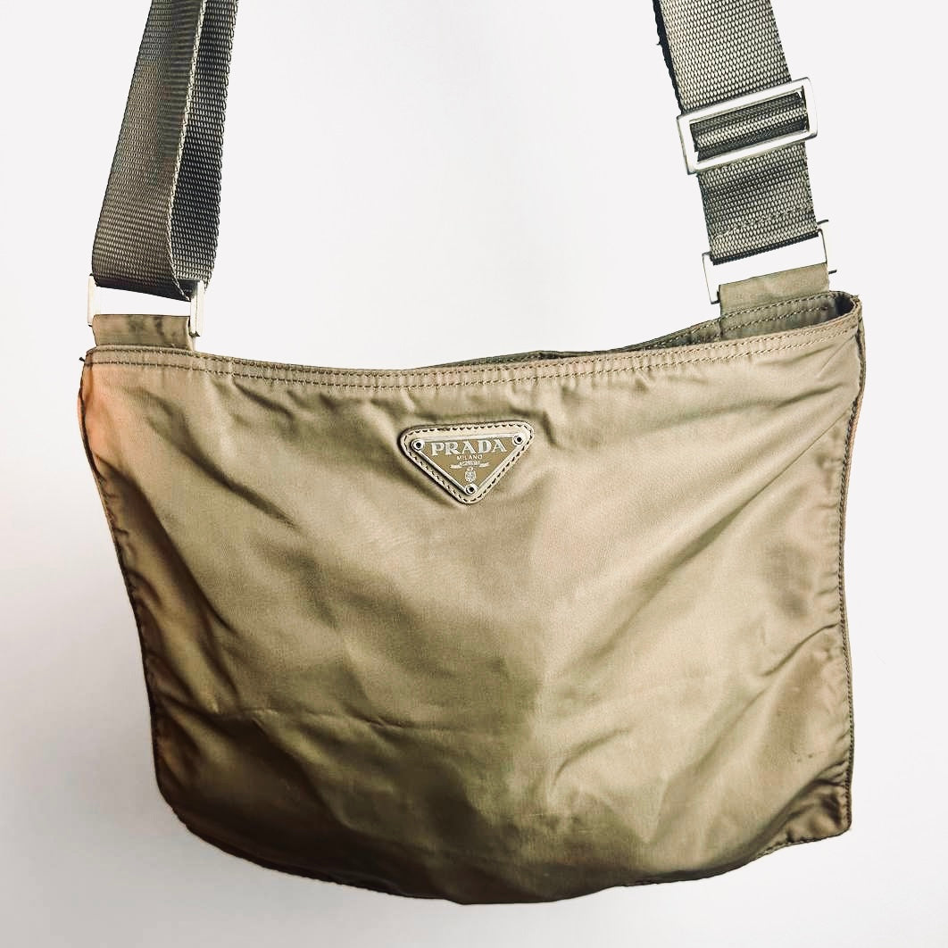 Prada Khaki Beige Monogram Logo Tessuto Nylon & Leather Shoulder Sling Bag