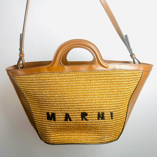 Marni Tropicalia Beige / Tan Monogram Logo Interwoven Raffia / Leather Basket Bucket 2-Way Shoulder Sling Tote Bag