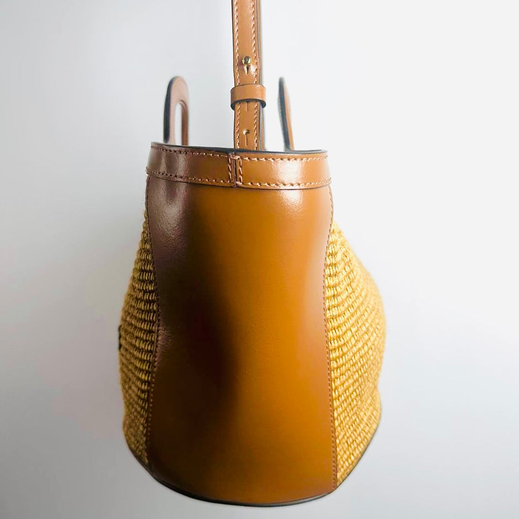 Marni Tropicalia Beige / Tan Monogram Logo Interwoven Raffia / Leather Basket Bucket 2-Way Shoulder Sling Tote Bag