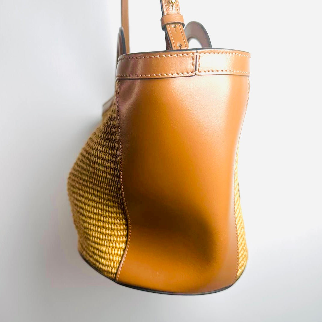 Marni Tropicalia Beige / Tan Monogram Logo Interwoven Raffia / Leather Basket Bucket 2-Way Shoulder Sling Tote Bag