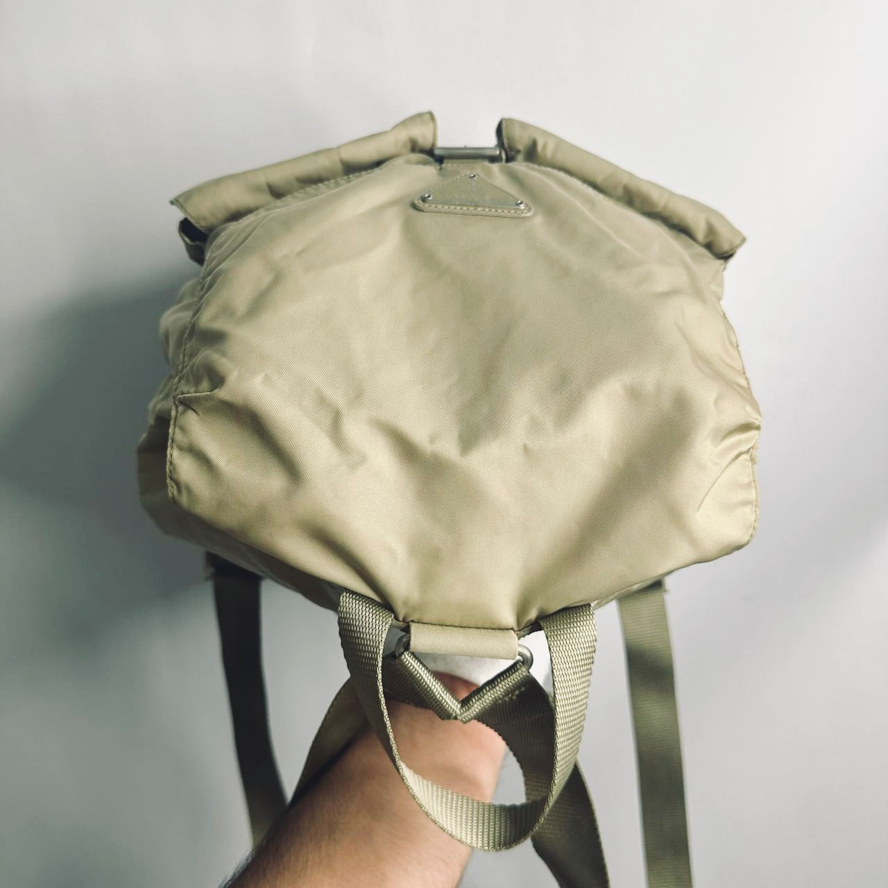 Prada Beige Tessuto Monogram Logo Nylon & Leather Flap Backpack Drawstring Bag