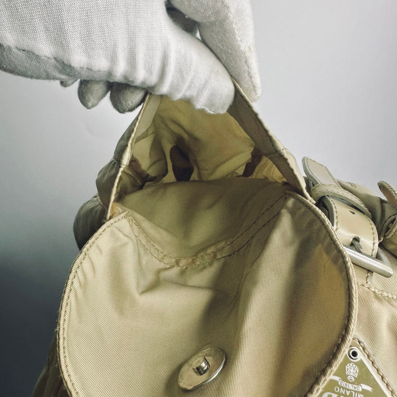 Prada Beige Tessuto Monogram Logo Nylon & Leather Flap Backpack Drawstring Bag