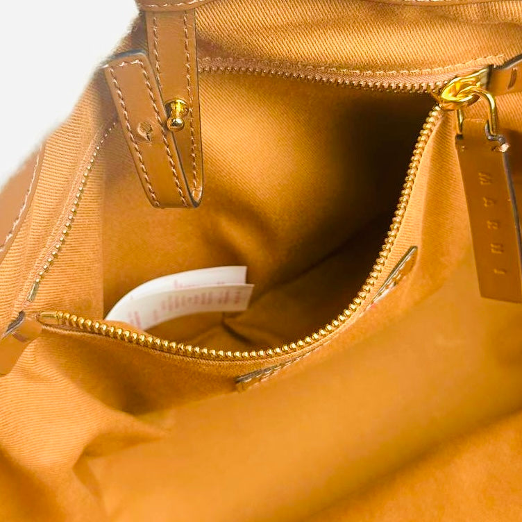 Marni Tropicalia Beige / Tan Monogram Logo Interwoven Raffia / Leather Basket Bucket 2-Way Shoulder Sling Tote Bag