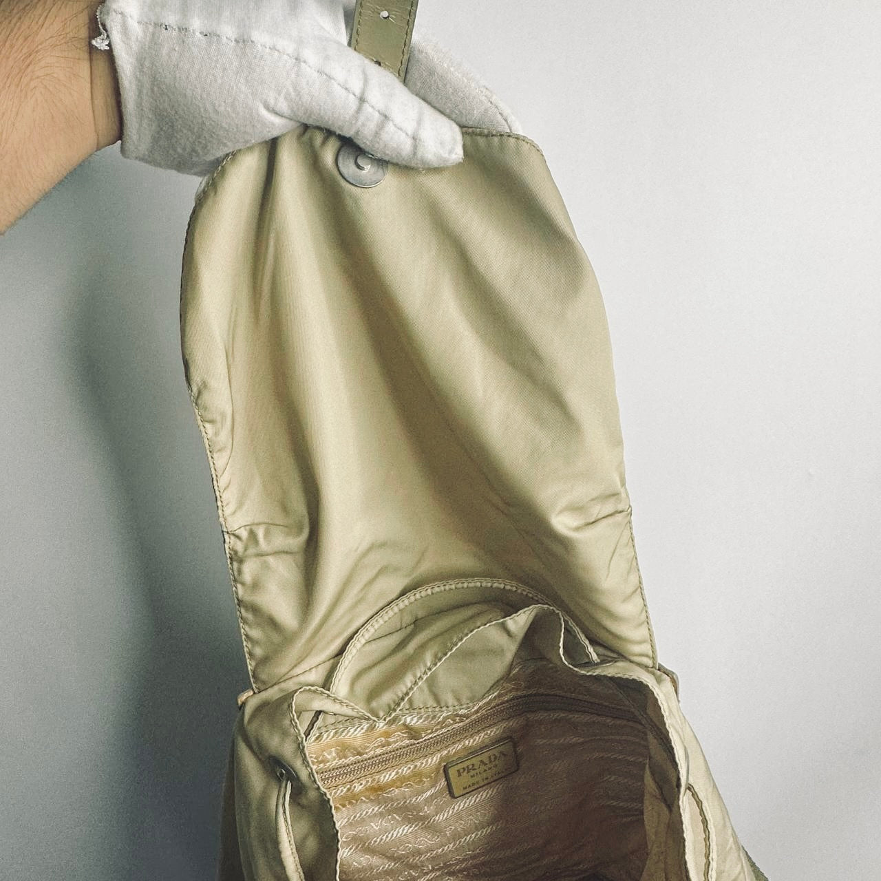 Prada Beige Tessuto Monogram Logo Nylon & Leather Flap Backpack Drawstring Bag
