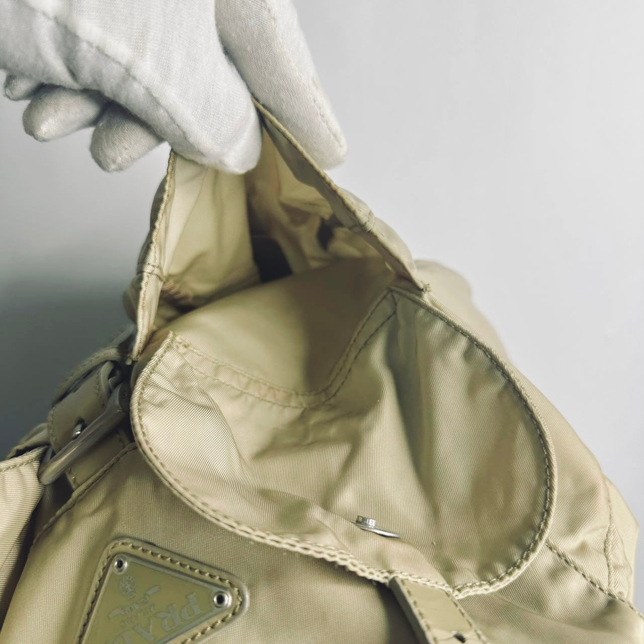 Prada Beige Tessuto Monogram Logo Nylon & Leather Flap Backpack Drawstring Bag