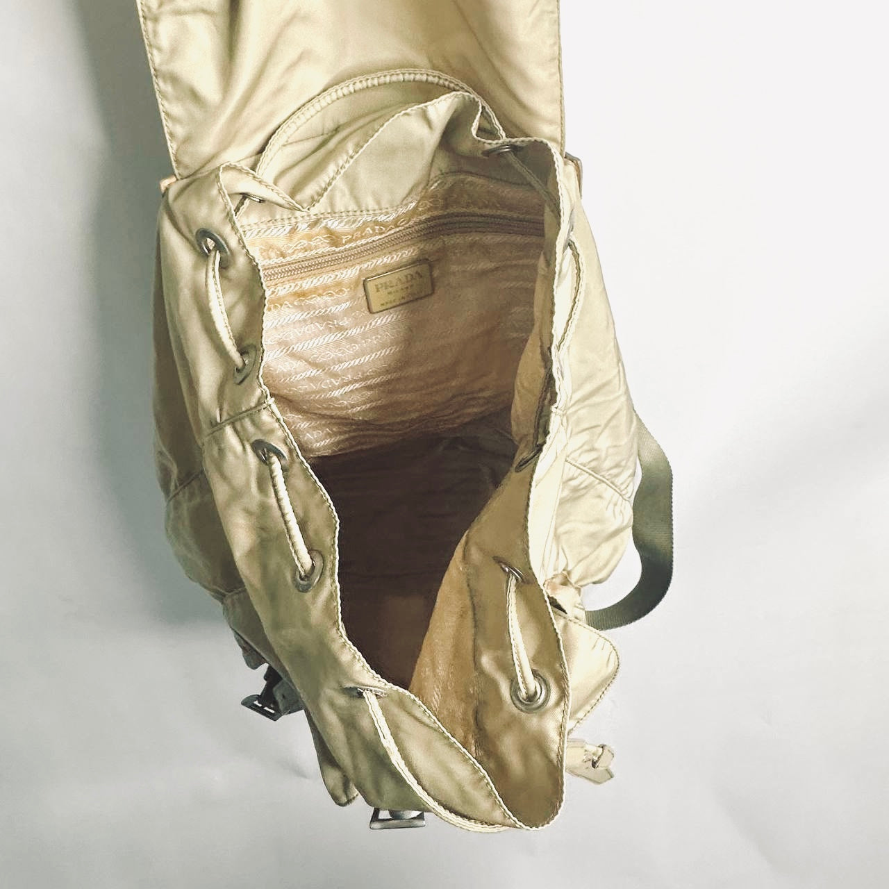 Prada Beige Tessuto Monogram Logo Nylon & Leather Flap Backpack Drawstring Bag