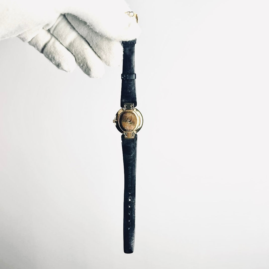 Christian Dior CD Bagira Monogram Logo White Round Dial Black Leather Strap GHW 26MM Quartz Watch