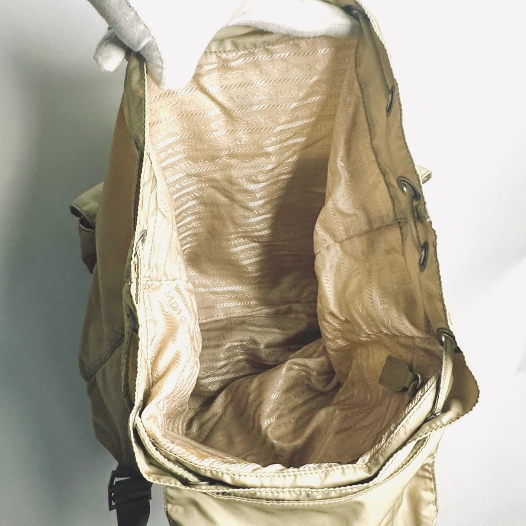 Prada Beige Tessuto Monogram Logo Nylon & Leather Flap Backpack Drawstring Bag