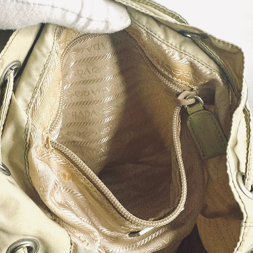 Prada Beige Tessuto Monogram Logo Nylon & Leather Flap Backpack Drawstring Bag