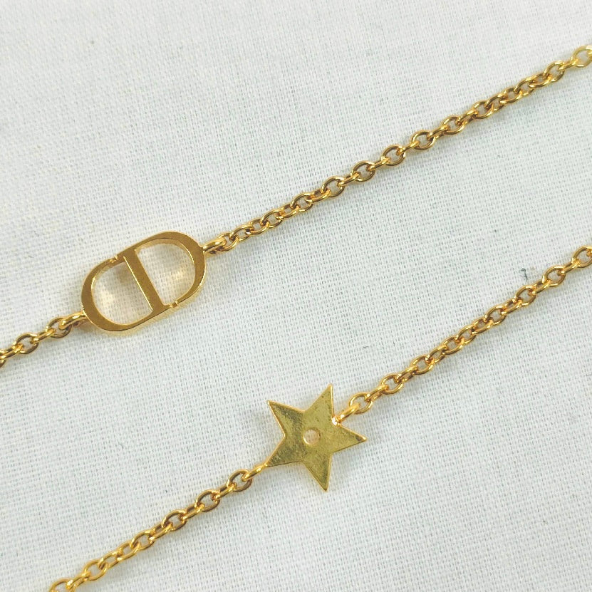 Christian Dior Tribales Pearl CD & Star Gold Classic Chain Monogram Logo Necklace