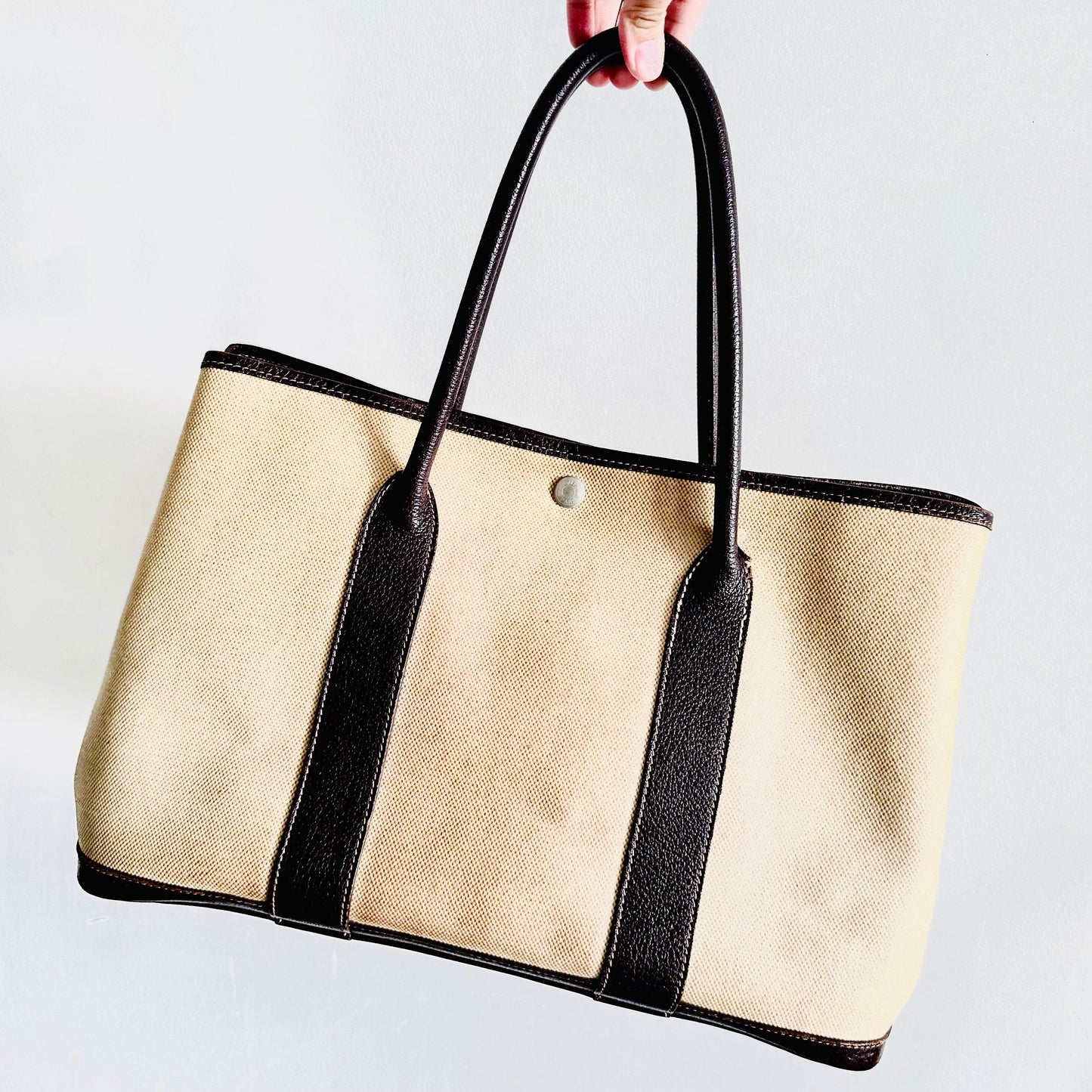 Hermes Garden Party 36 GP36 PM In Toile / Negonda Leather Tote Bag (Beige / Dark Brown)