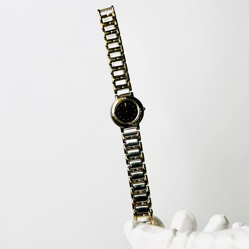 YSL Yves Saint Laurent Black Dial Roman Numerals Gold & Stainless Steel Round Two Tone Monogram Logo 25MM Quartz Watch