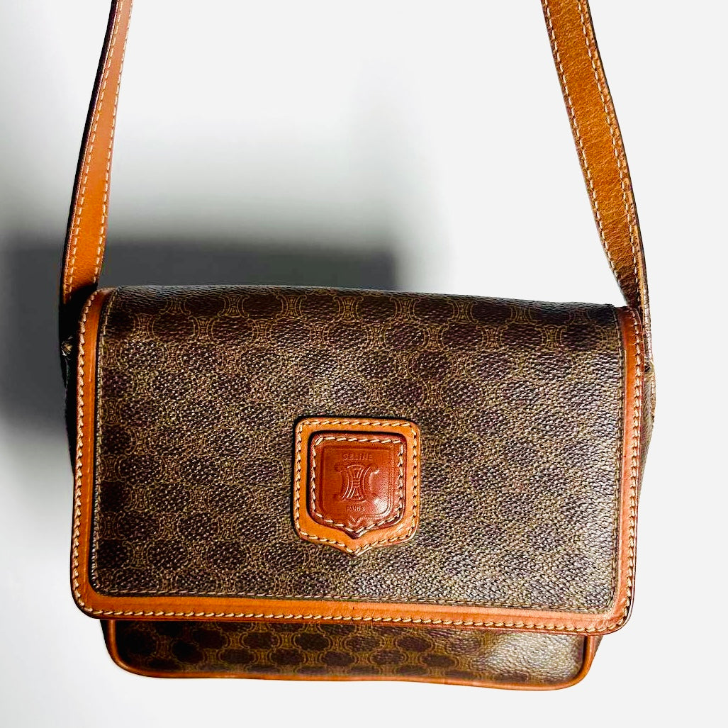 Celine Triomphe Macadam Monogram Logo GHW Vintage Half Flap Shoulder Sling Bag