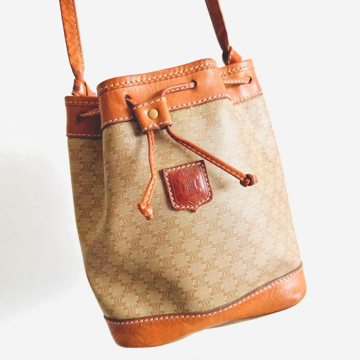 Celine Beige Triomphe GHW Macadam Monogram Logo Vintage Mini Shoulder Bucket Bag