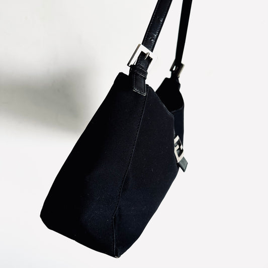 Fendi FF Zucca Black Monogram Logo Baguette Hobo Mamma Shoulder Sling Flap Bag