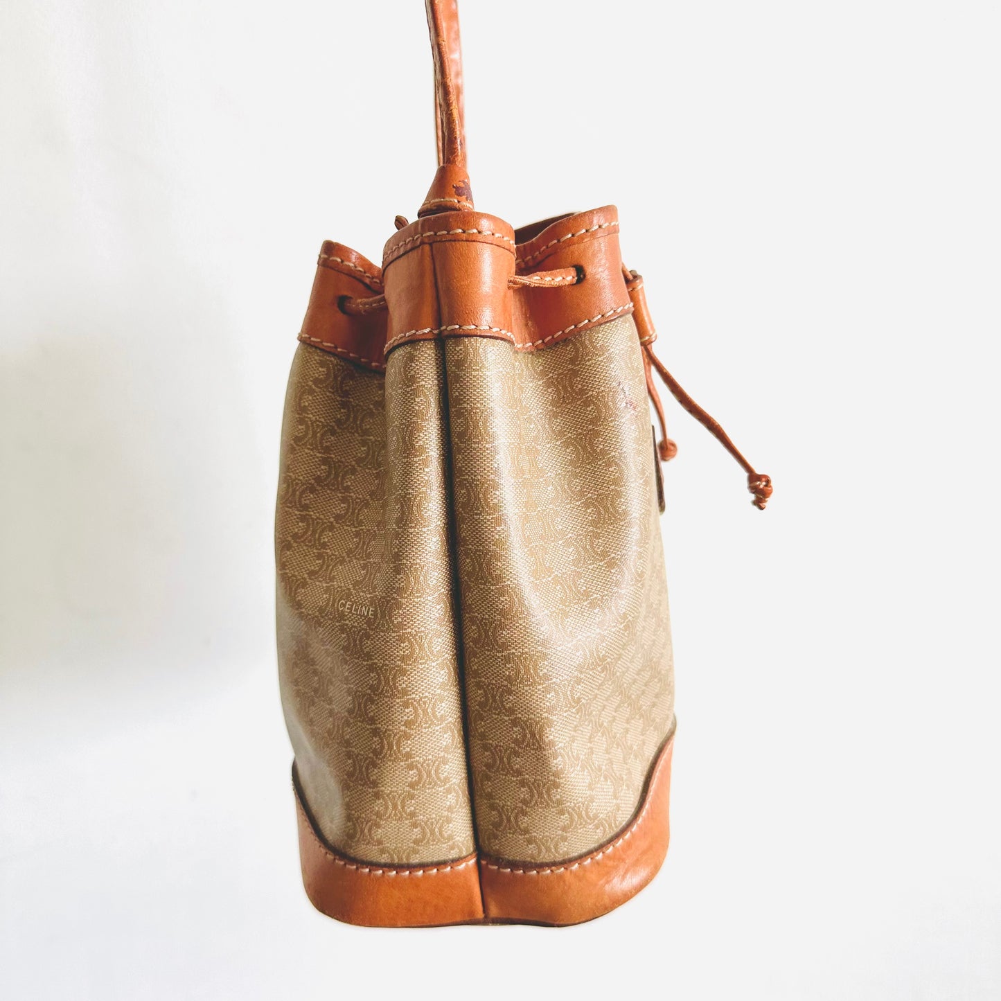 Celine Beige Triomphe GHW Macadam Monogram Logo Vintage Mini Shoulder Bucket Bag