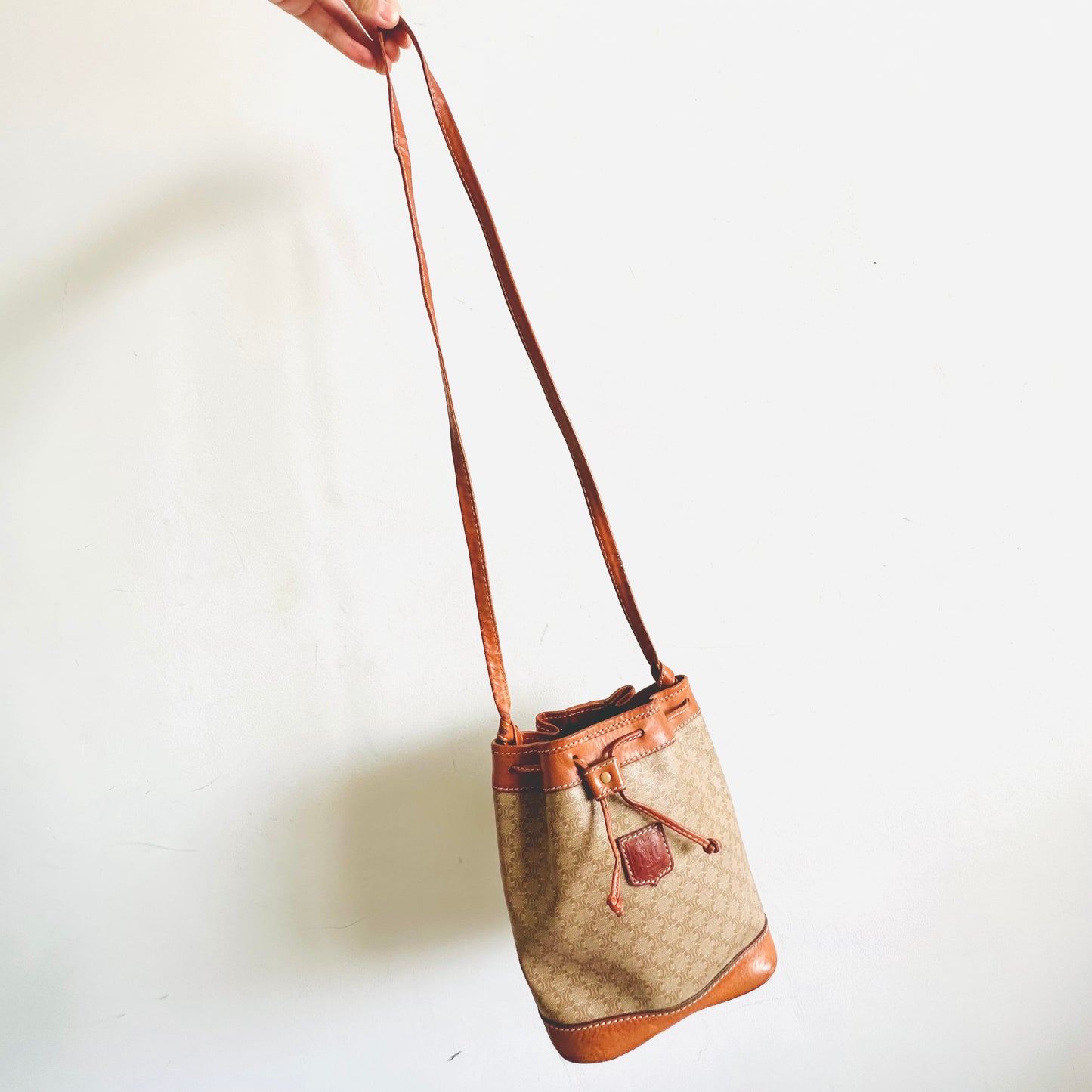 Celine Beige Triomphe GHW Macadam Monogram Logo Vintage Mini Shoulder Bucket Bag