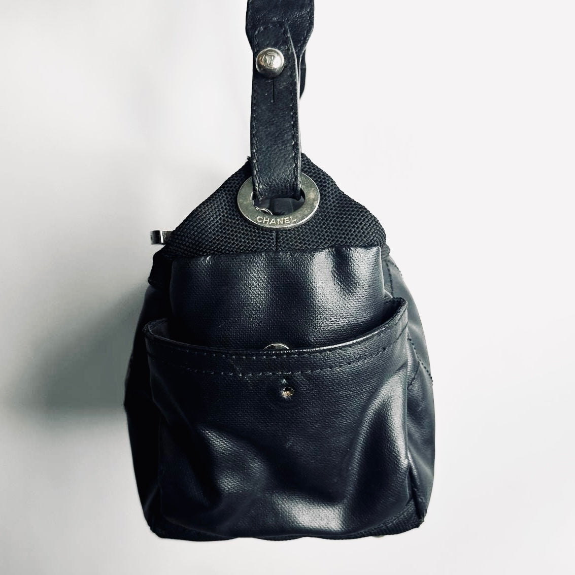 Chanel Black Paris Biarritz Giant CC Monogram Logo Charm Wild Stitch Hobo Baguette Shoulder Sling Bag 11s