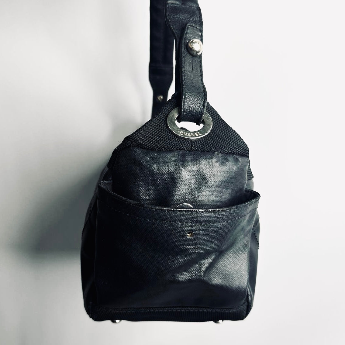 Chanel Black Paris Biarritz Giant CC Monogram Logo Charm Wild Stitch Hobo Baguette Shoulder Sling Bag 11s