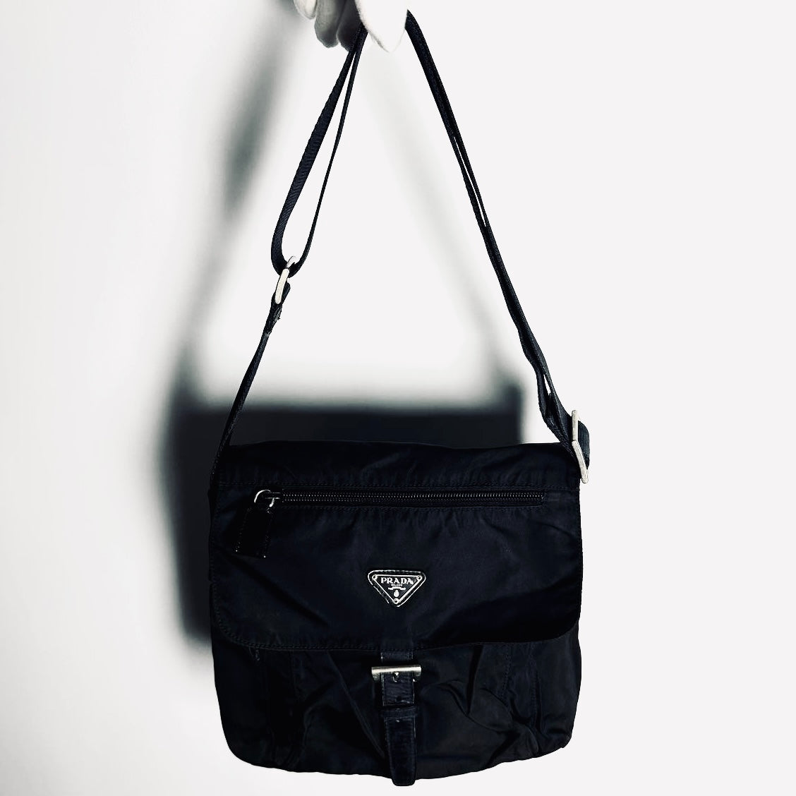 Prada Black Tessuto Logo Classic Nylon & Leather Flap Shoulder Sling Bag