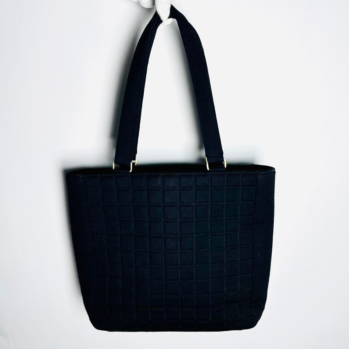 Chanel Black GHW Giant CC Monogram Logo Chocolate Bar Quilted Jersey Fabric Vintage Shopper Shoulder Tote Bag 7s
