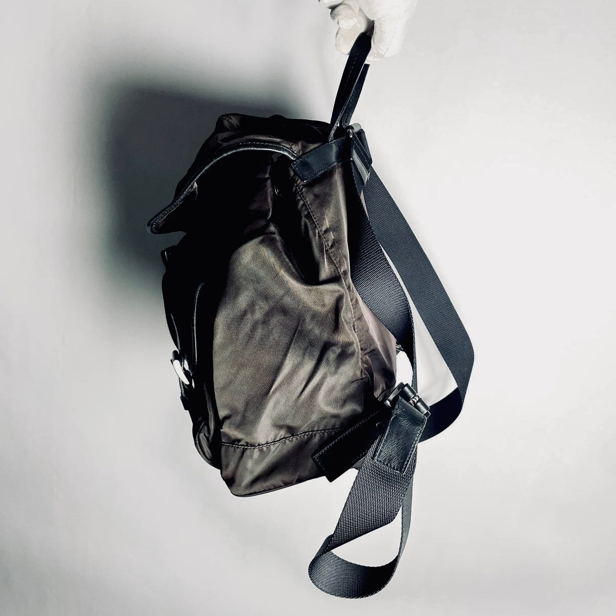 Prada Khaki Brown Tessuto Classic Logo Nylon & Leather Backpack Flap Drawstring Bag