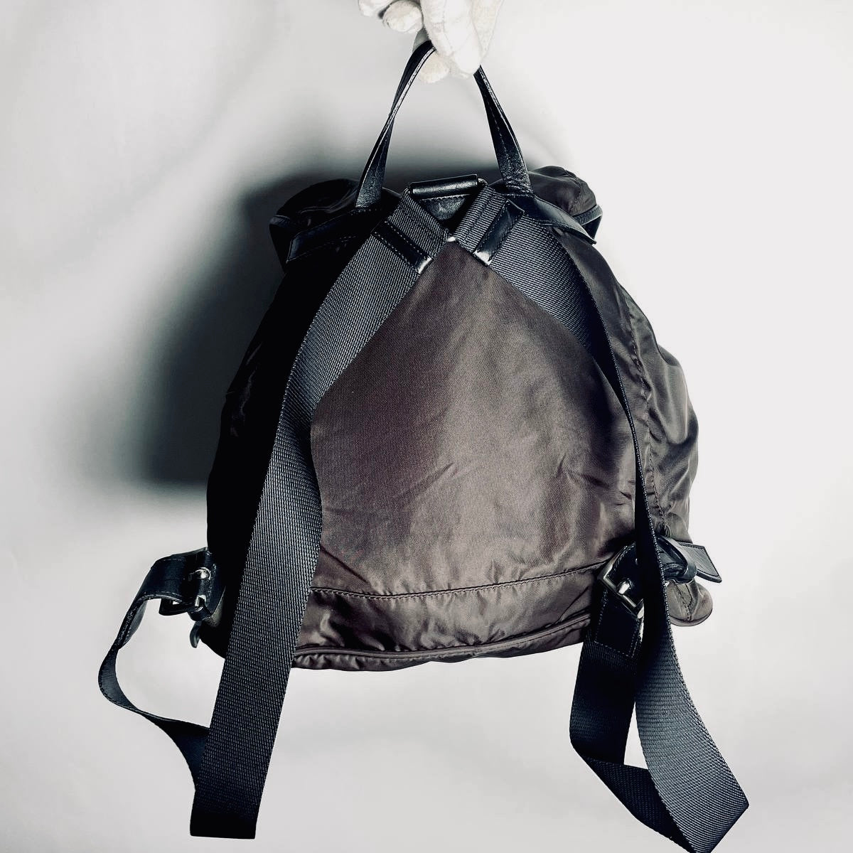 Prada Khaki Brown Tessuto Classic Logo Nylon & Leather Backpack Flap Drawstring Bag