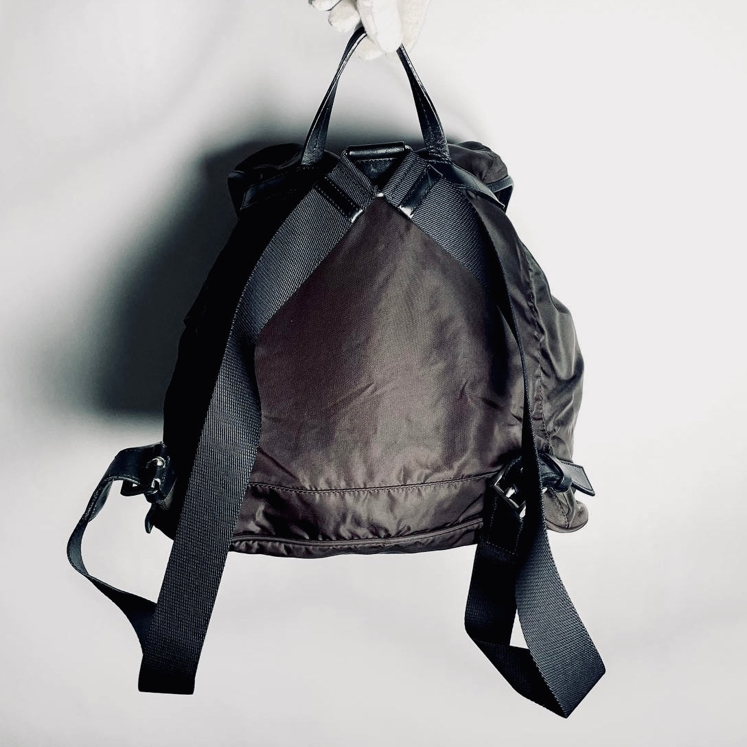 Prada Khaki Brown Tessuto Classic Logo Nylon & Leather Backpack Flap Drawstring Bag