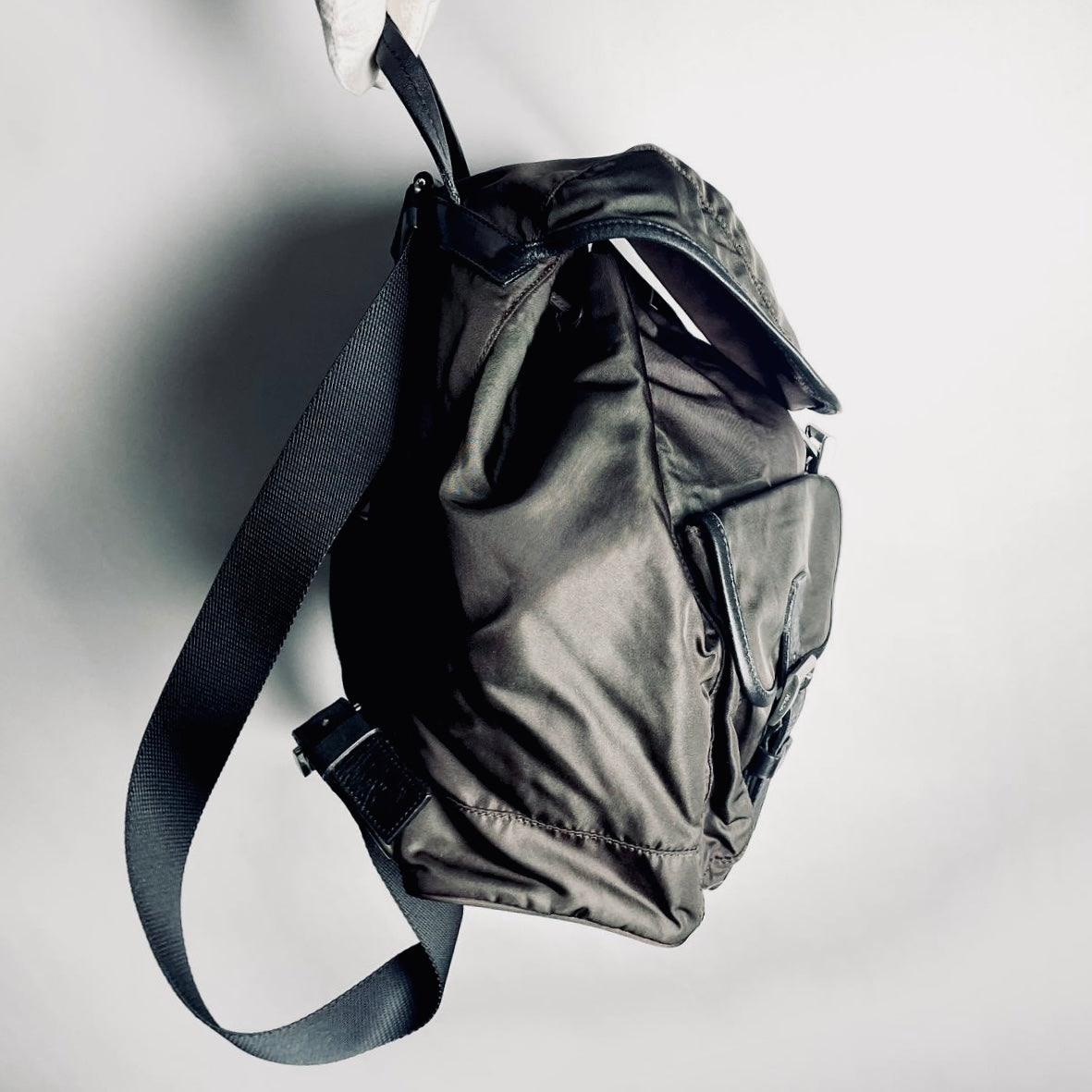 Prada Khaki Brown Tessuto Classic Logo Nylon & Leather Backpack Flap Drawstring Bag