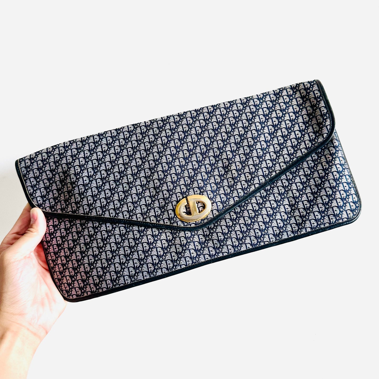 Christian Dior CD Navy Blue Oblique Monogram Logo GHW Vintage Flap Clutch Pouch Case