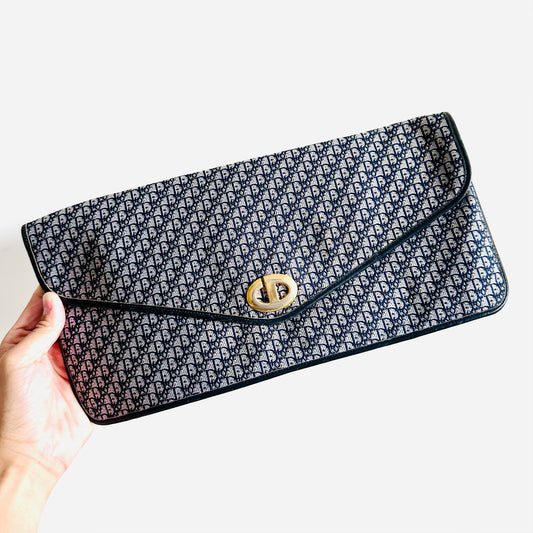 Christian Dior CD Navy Blue Oblique Monogram Logo GHW Vintage Flap Clutch Pouch Case