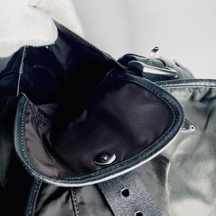 Prada Khaki Brown Tessuto Classic Logo Nylon & Leather Backpack Flap Drawstring Bag
