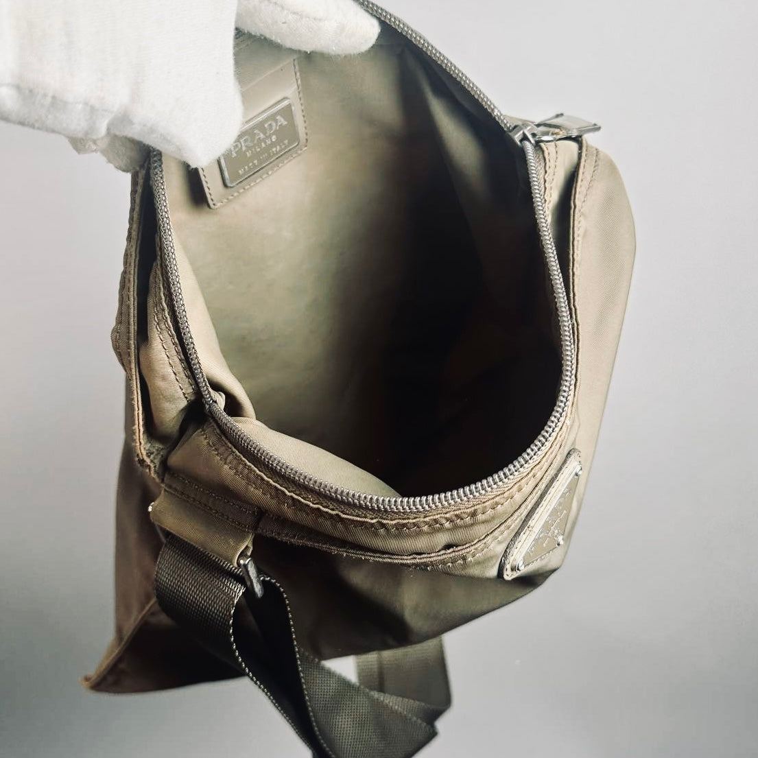 Prada Khaki Beige Monogram Logo Tessuto Nylon & Leather Shoulder Sling Bag