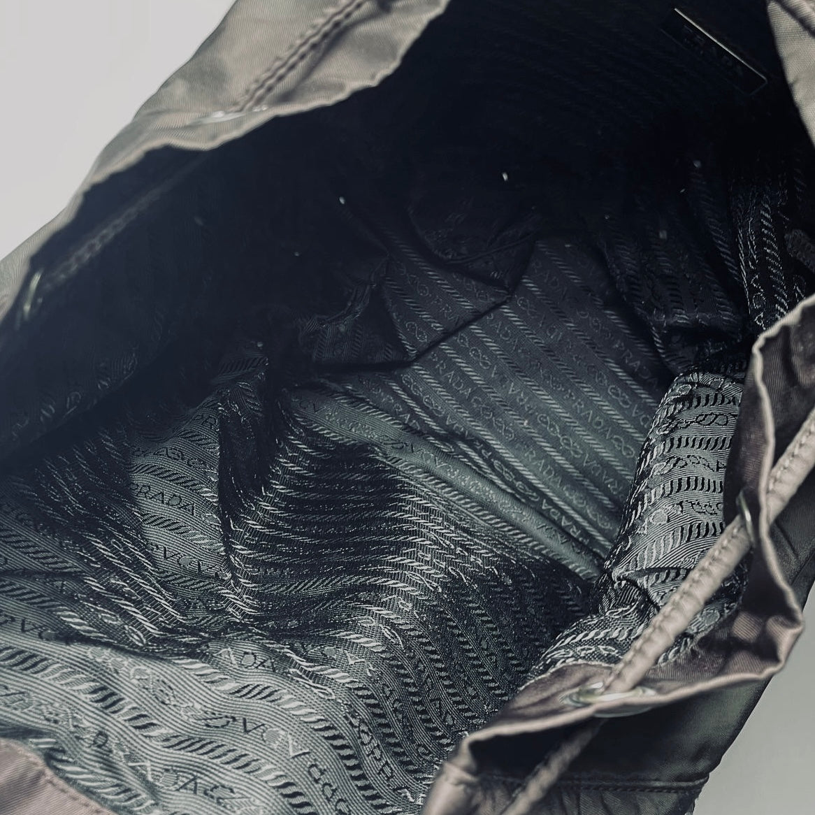Prada Khaki Brown Tessuto Classic Logo Nylon & Leather Backpack Flap Drawstring Bag