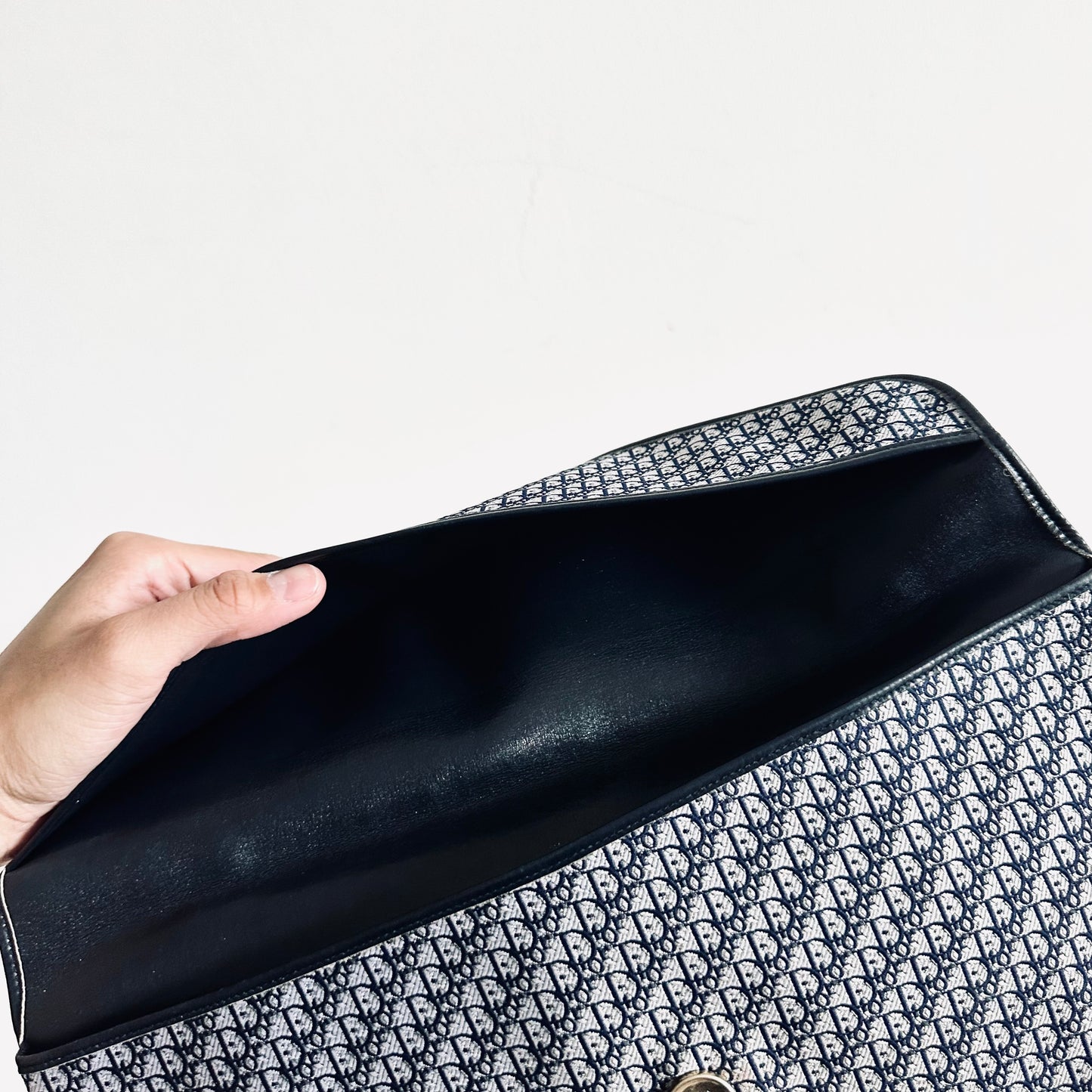 Christian Dior CD Navy Blue Oblique Monogram Logo GHW Vintage Flap Clutch Pouch Case