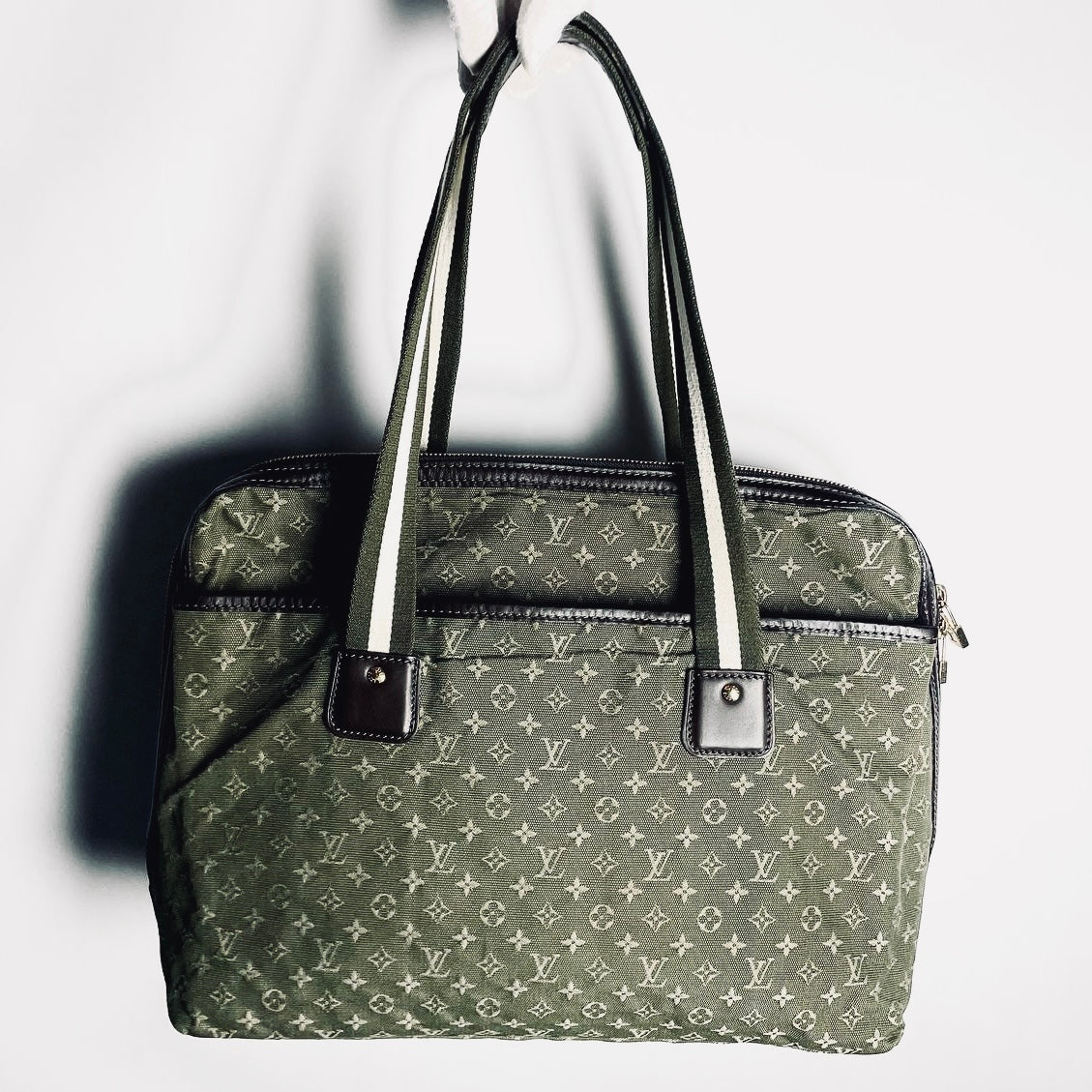Louis Vuitton LV Dark Khaki Mini Lin Mary Kate Besace Monogram Logo GHW Shoulder Shopper Tote Bag