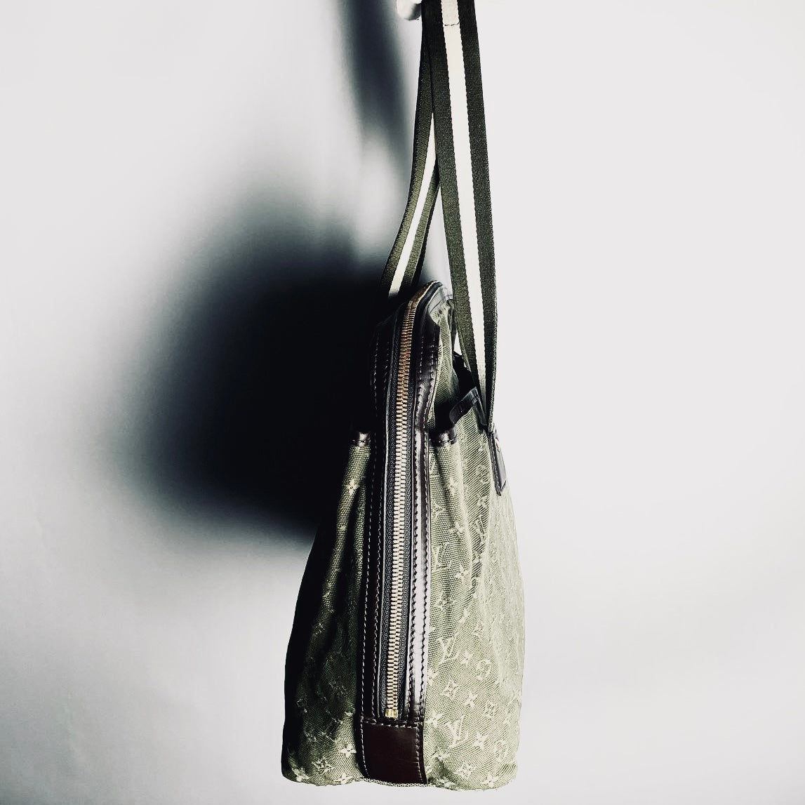 Louis Vuitton LV Dark Khaki Mini Lin Mary Kate Besace Monogram Logo GHW Shoulder Shopper Tote Bag