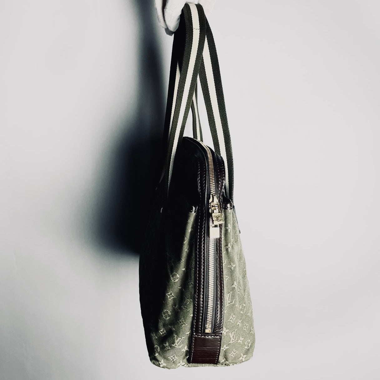 Louis Vuitton LV Dark Khaki Mini Lin Mary Kate Besace Monogram Logo GHW Shoulder Shopper Tote Bag
