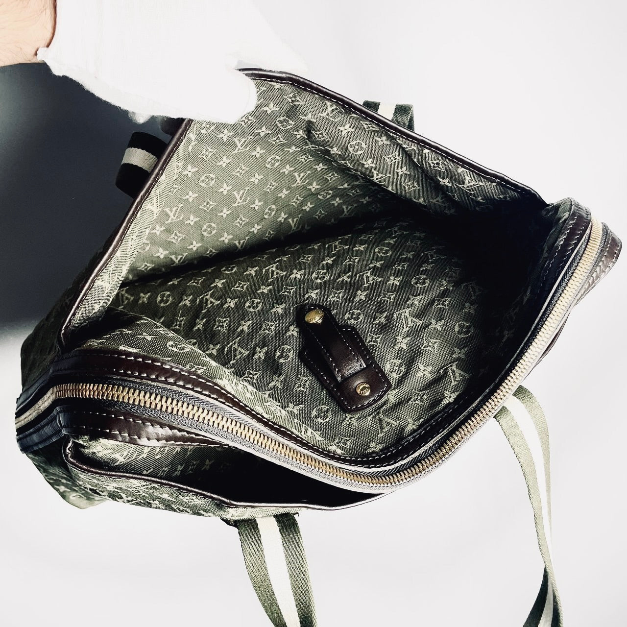 Louis Vuitton LV Dark Khaki Mini Lin Mary Kate Besace Monogram Logo GHW Shoulder Shopper Tote Bag