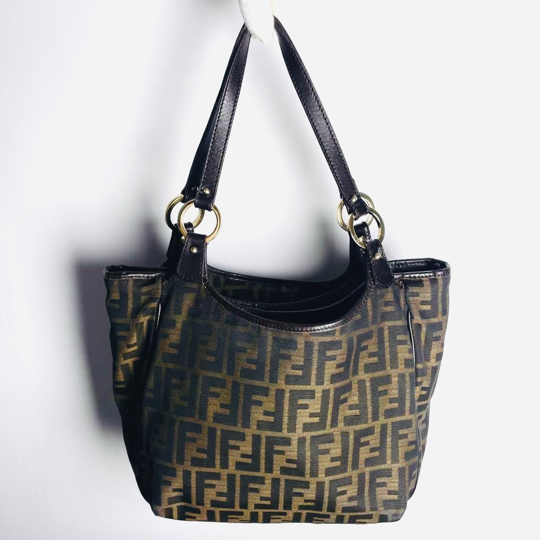 Fendi Brown GHW Zucca FF Monogram Logo Hobo Baguette Shoulder Shopper Tote Bag
