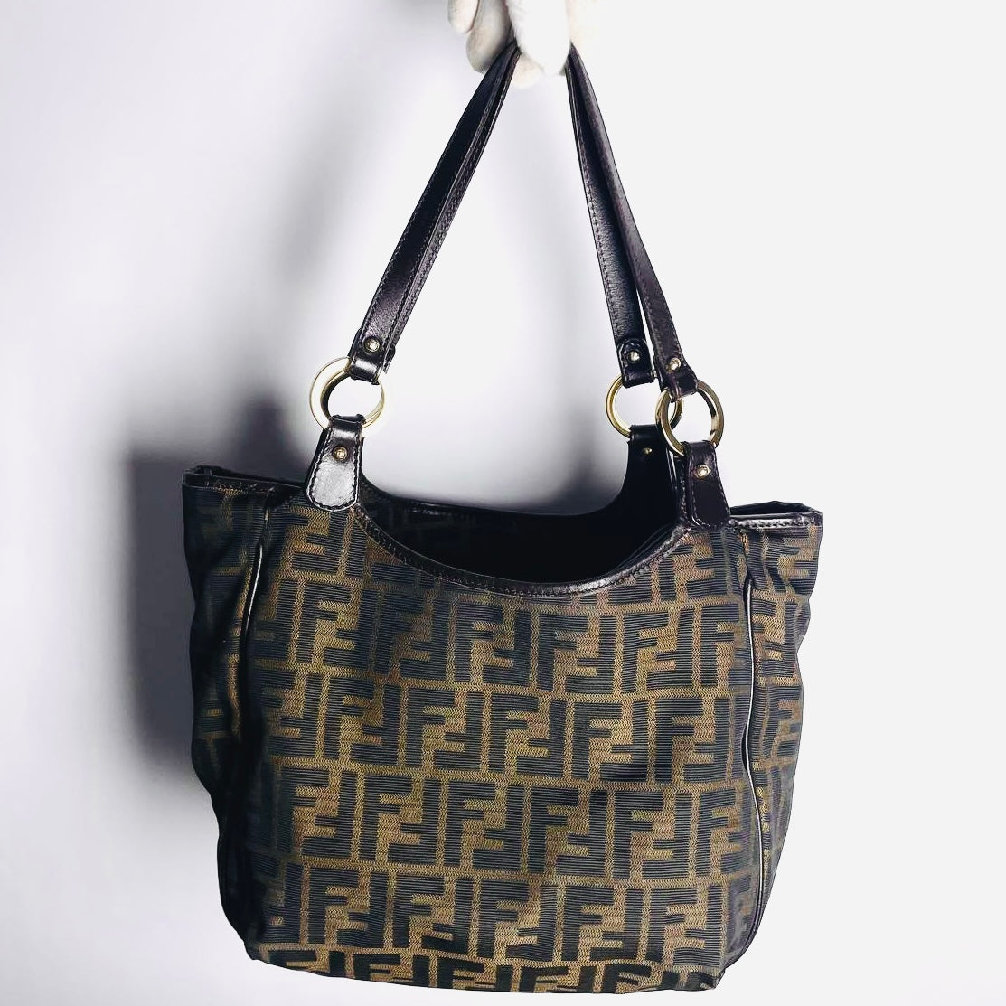Fendi Brown GHW Zucca FF Monogram Logo Hobo Baguette Shoulder Shopper Tote Bag