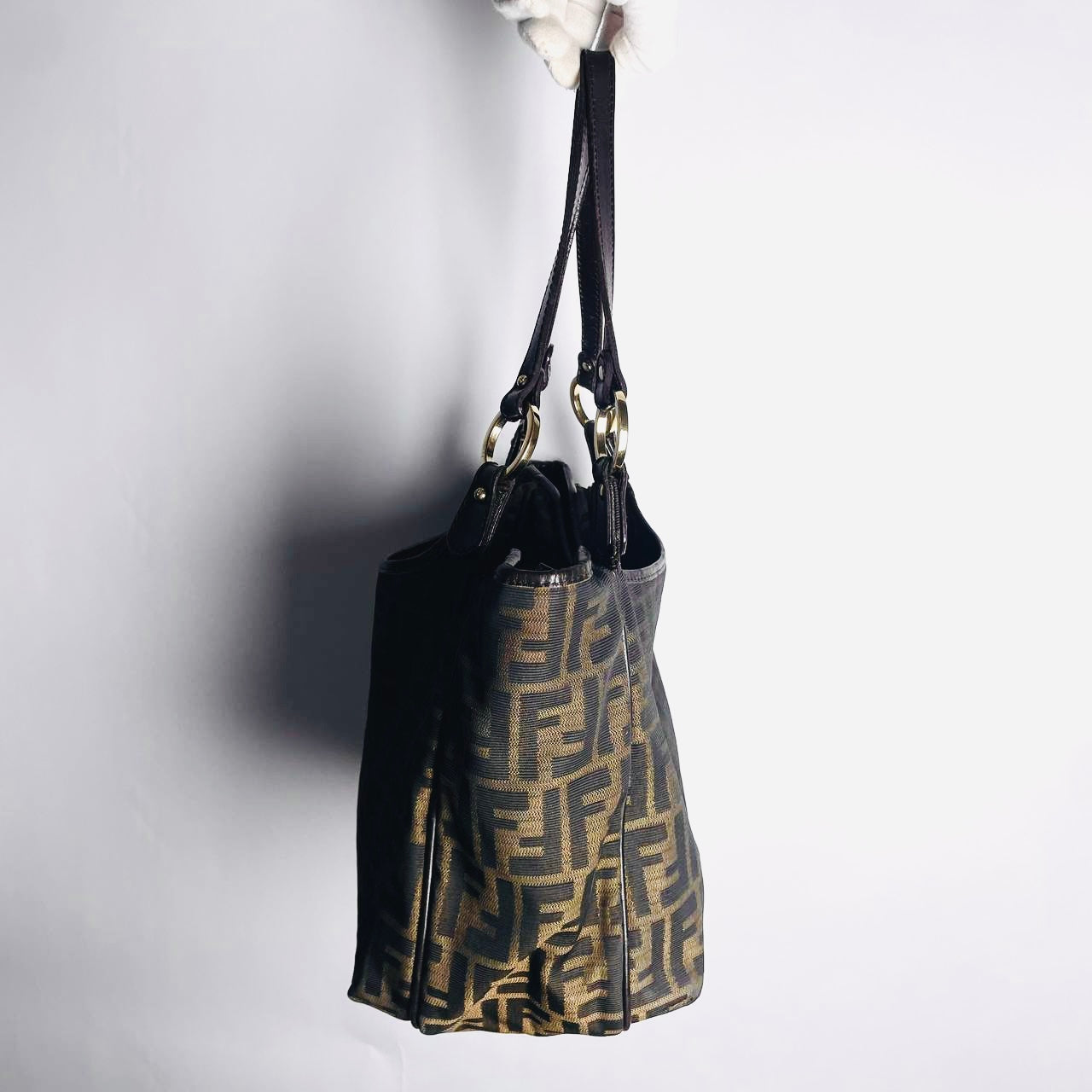 Fendi Brown GHW Zucca FF Monogram Logo Hobo Baguette Shoulder Shopper Tote Bag