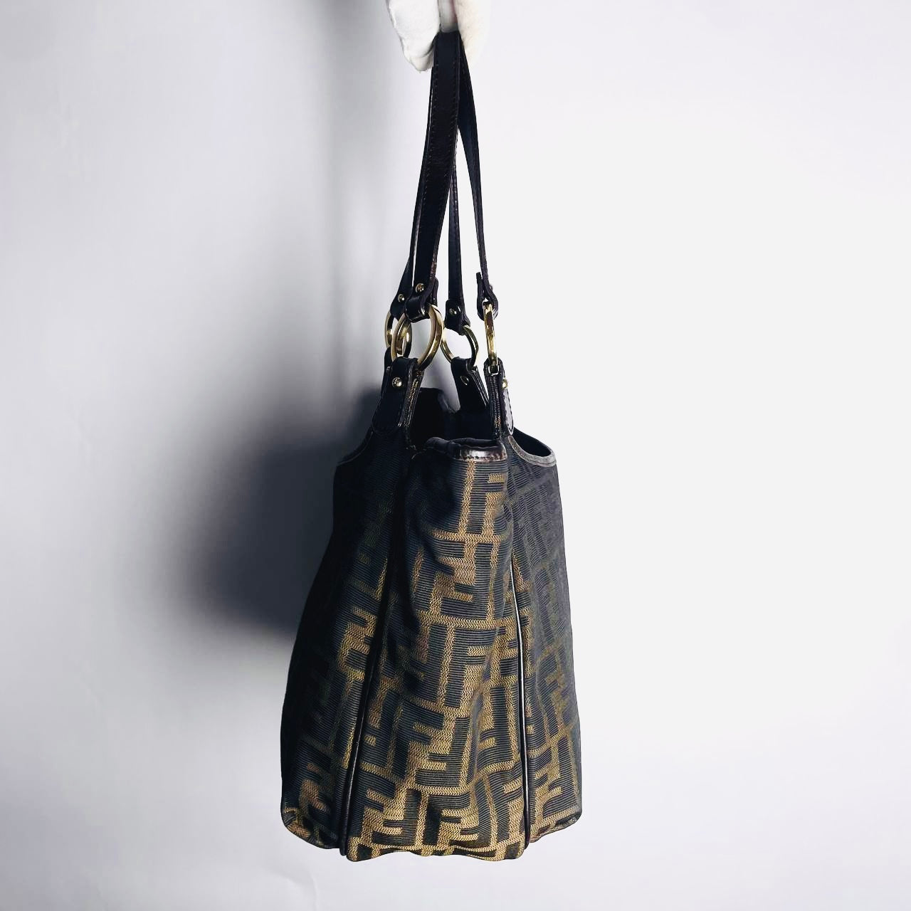 Fendi Brown GHW Zucca FF Monogram Logo Hobo Baguette Shoulder Shopper Tote Bag
