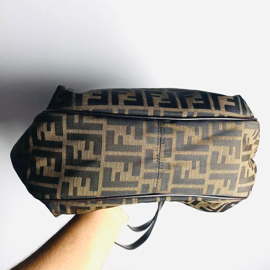 Fendi Brown GHW Zucca FF Monogram Logo Hobo Baguette Shoulder Shopper Tote Bag